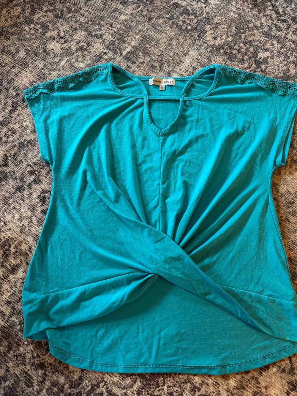 Absolutely Famous Teal Twist-Front Lace-Trim Short Sleeve Top